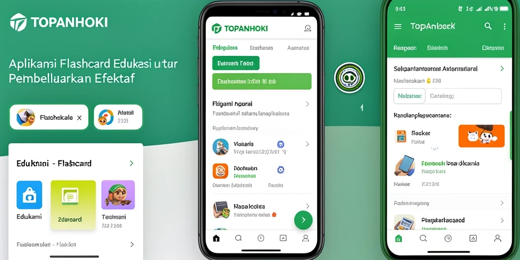 Antarmuka aplikasi TOPANHOKI menampilkan fitur flashcard yang interaktif.